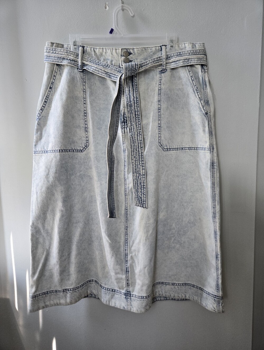 Light Acid Wash 16/XL Denim GAP Midi Jean Skirt Tie Belt 4 Pockets A-line Retro